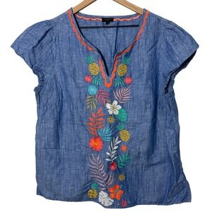 Talbots Embroidered Linen Cotton Top Plus 1X Blue Short Sleeve Pineapple Floral